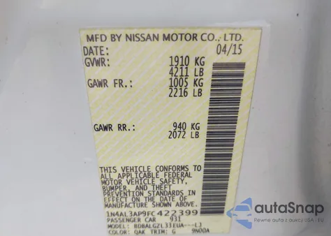 2015 Nissan Altima 2.5 S z USA, uszkodzony, nr VIN 1N4AL3AP9FC422399